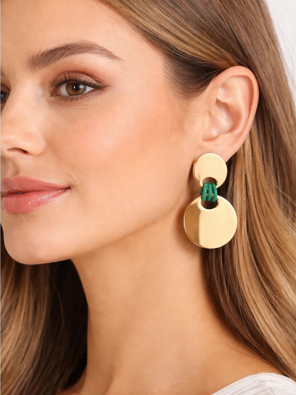 On 34th Women's Gold-Tone Green Ring Link Double Disk Earrings.
